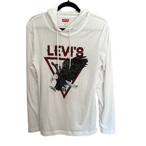 Levi's Long Sleeve Hooded Shirt White Black Eagle Logo Soft Adult S